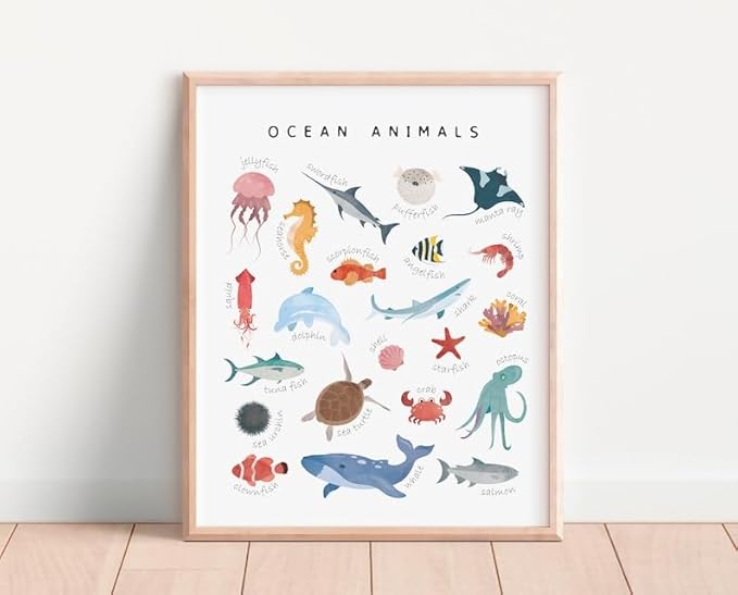OZCONO Ocean Animals Learning Poster, Vibrant Sea Life Chart Kids, Preschool Wall Decor Art, Homeschool Education Guide (Unframed) (9x11)