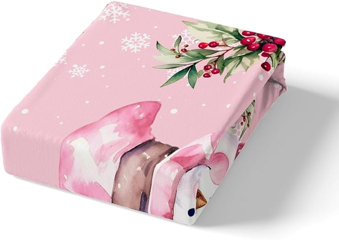 Manfei Xmas Snowman Duvet Cover Set King Size, Leaves Flower Snowflake Comforter Cover with 2 Pillowcases, Christmas Pink Bedding Set 3pcs for Kids Boys Girls Lightweight Bedspread Cover,No Comforter