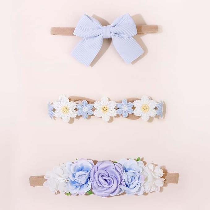 cherrboll Baby Girl Nylon Headbands, 3Pcs Handmade Floral Hair Bows, Stretchy Flower Hairbands for Newborns Infants Toddlers
