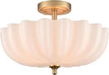 Modern Brushed Brass Gold Semi Flush Mount Light with Milky Flower Shade Ceiling Light Fixture for Living Room Bedroom Entryway