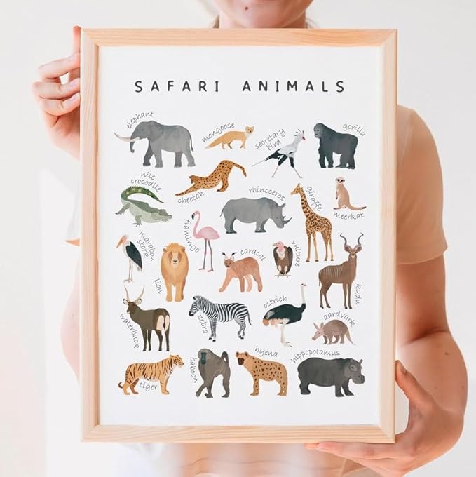 OZCONO Safari Animals Poster, Educational Jungle Chart for Kids, Playful Nursery Wall Decor, Montessori Learning, Homeschool Wildlife (Unframed) (9x11)