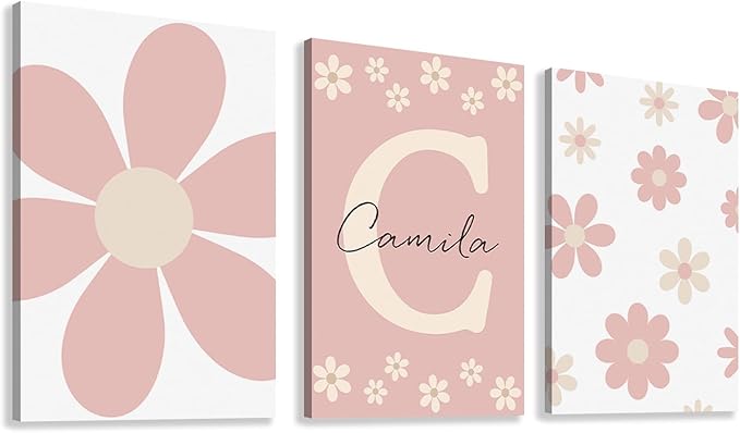 Personalized Girls Nursery Wall Art - Custom Name Stretched Canvas 3pc Framed Daisy Flower Wrapped Painting for Baby Room Kids Bedroom Initial Wall Decor Baby Shower Newborn Birthday Mother's Day Housewarming Christmas Thanksgiving Gift(40×50cm / 15.7×...