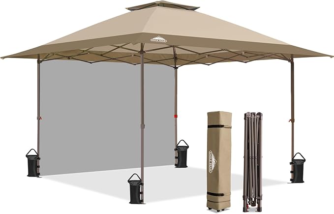 EAGLE PEAK 13x13 Pop up Canopy Tent w/One Wall, Instant Canopy Easy Set up Folding Shelter w/One Privacy Curtain, 169 Square Feet Sun Shade, Beige