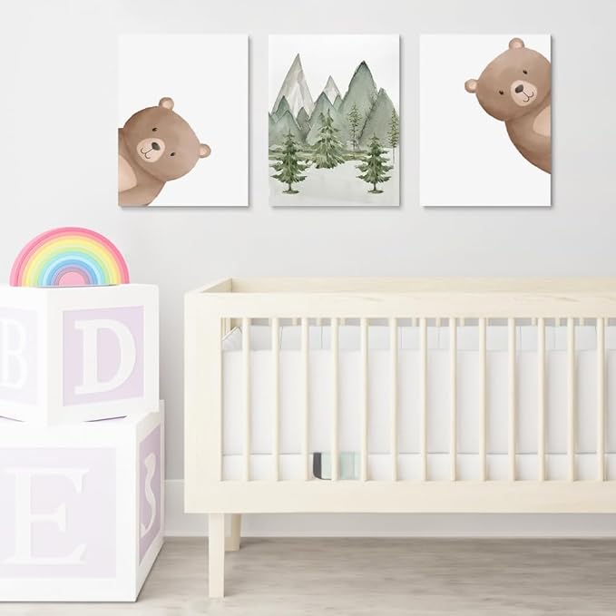 Peeking Bear Nursery Wall Decor, Woodland Nursery Nature Print, Neutral Baby Animals Wall Art for Kid Bedroom, Forest Mountain Wall Art for Baby Boy Girl Bedroom, Framed Canvas, 12"x16"x3