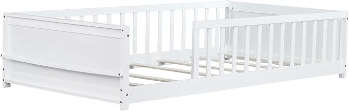Twin Size Kids Montessori Floor Bed,Twin Floor Bed Frame with Slats and Bookcase,Solid Wood Montessori Bed for Girls Boys,White