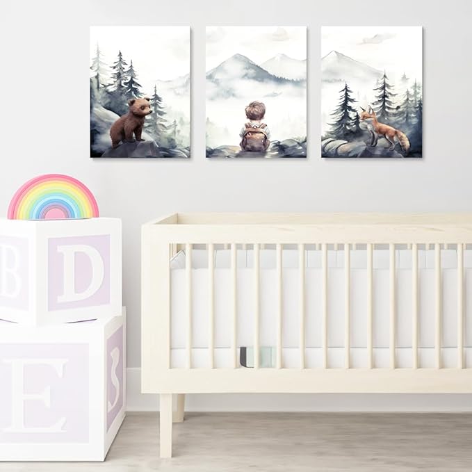 Baby Boy with Animals Adventure Nursery Decor, Adventure Toddler Decor, Watercolor Woodland Forest Nursery Wall Decor for Boy's Bedroom, Outdoor Children's Room Decor Print, Framed Set of 3, 12"x16"