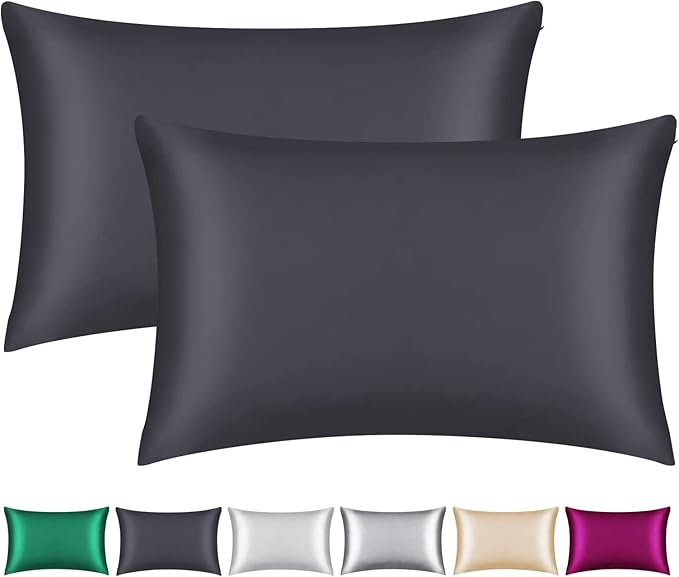 100% Mulberry Silk Pillowcase 2 Pack for Hair and Skin,with Hidden Zipper,Both Sides 22 Momme Natural Silk Pillow Cover,Soft Breathable & Smooth (Black, Queen)