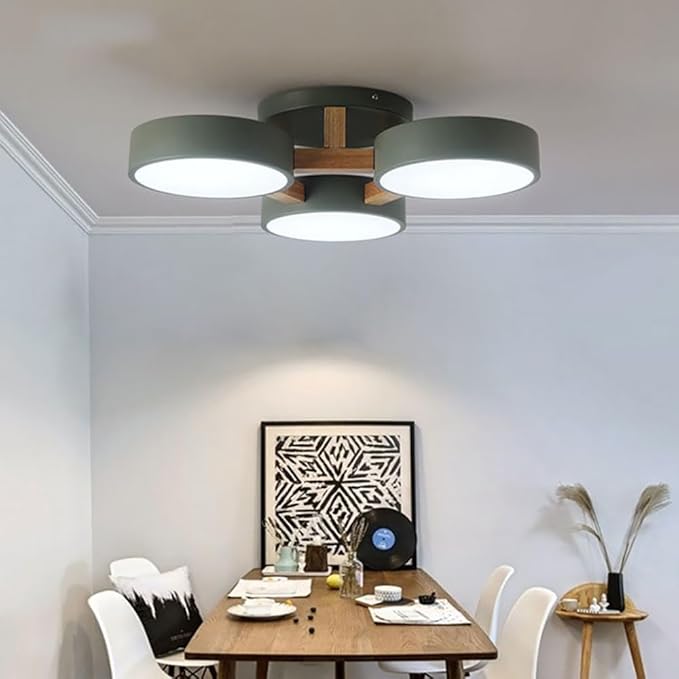 LED Flush Mount Ceiling Light Fixture with 3000K/4000K/6000K Temperatures Selectable,21Inch 33W Chandelier Modern Wood Ceiling Lamp for Bedroom Kitchen, 3-Lights Indoor Lighting Green Pendant Light