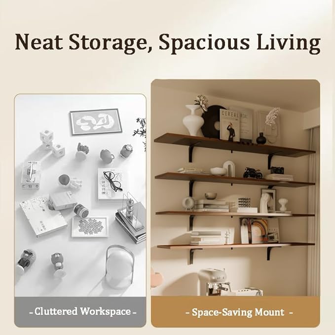 12x60 Inch Rustic Wood Floating Shelves 4-Pack - Farmhouse Walnut Wall Shelves with 100 lbs Capacity, Easy Installation for Living Room, Kitchen, Bathroom (Walnut, 4T60IN)