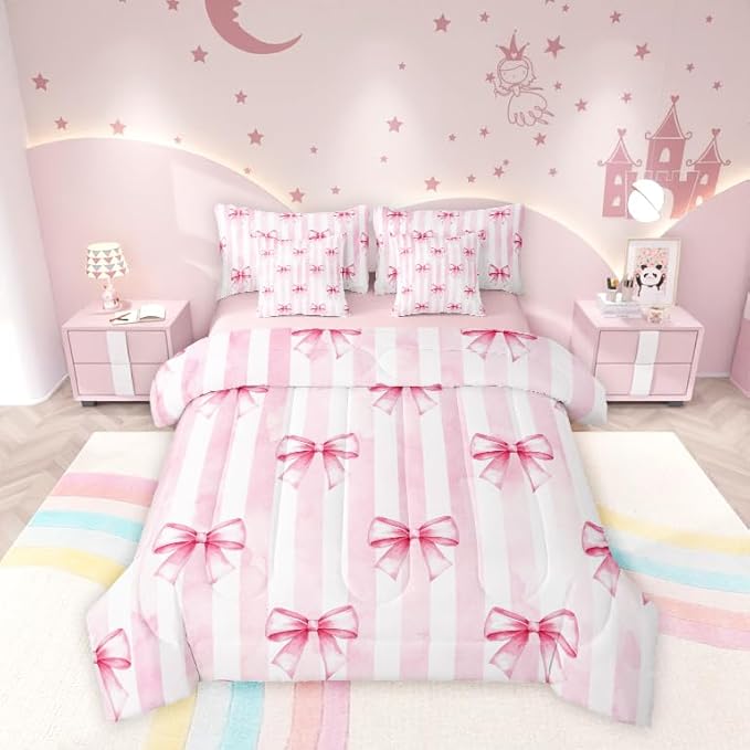7 Pieces Pink Bowknot Kids Comforter Full,Bow Tie Geometric Stripe Bedding Set,Butterfly Knot Princess Style Fashion Pink Romantic（Comforter+Fitted+Flat Sheet+2 Pillowcases+2 Throw Pillow Covers）