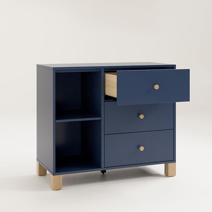 Storkcraft California 3 Drawer Combo Dresser (Midnight Blue with Driftwood) – GREENGUARD Gold Certified, Interlocking Drawer System, Pre-Installed Drawer Tracks for Easier Assembly, Spacious Cabinet