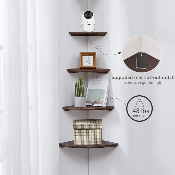 Corner Shelf,14inch Walnut Solid Wood Floating Corner Shelves Wall Mount Round End Floating Speaker Rack with Wire Hole for Small Plant for Bedroom Kitchen, Living Room
