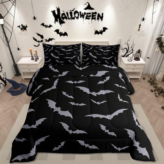 Erosebridal Happy Halloween Comforter Set for Kids Youth Grey Bats Bedding Set Gothic Spooky Quilt Twin Size Cartonn Bed Decorative Bedding Comforter Sets with 1 Pillow Case