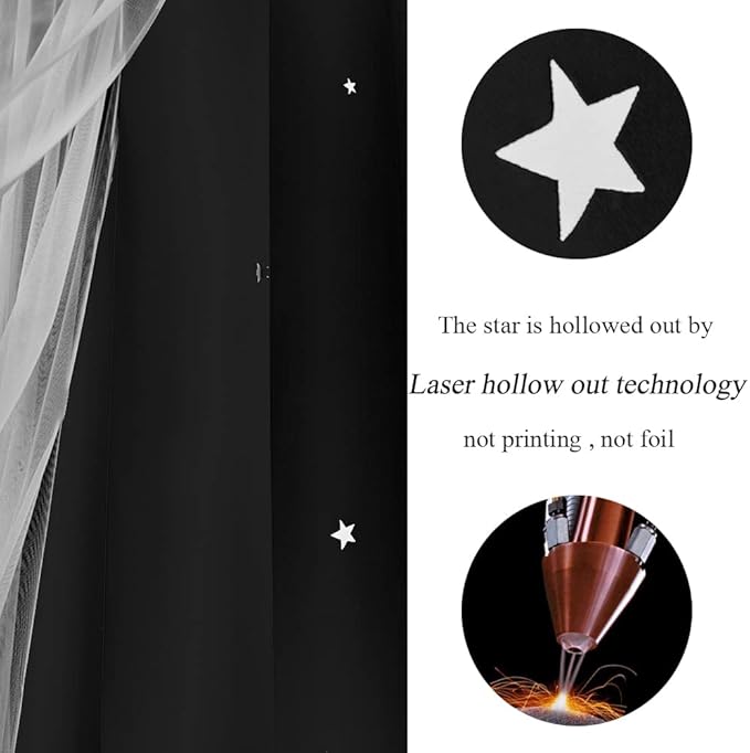 Kinryb Black Star Cutout Blackout Curtains Double Layer Curtains with Durable Sheer Curtains for Bedroom Thermal Insulated Window Treatment Set with 2 Tiebacks Black 52W x 63L 2 Panels