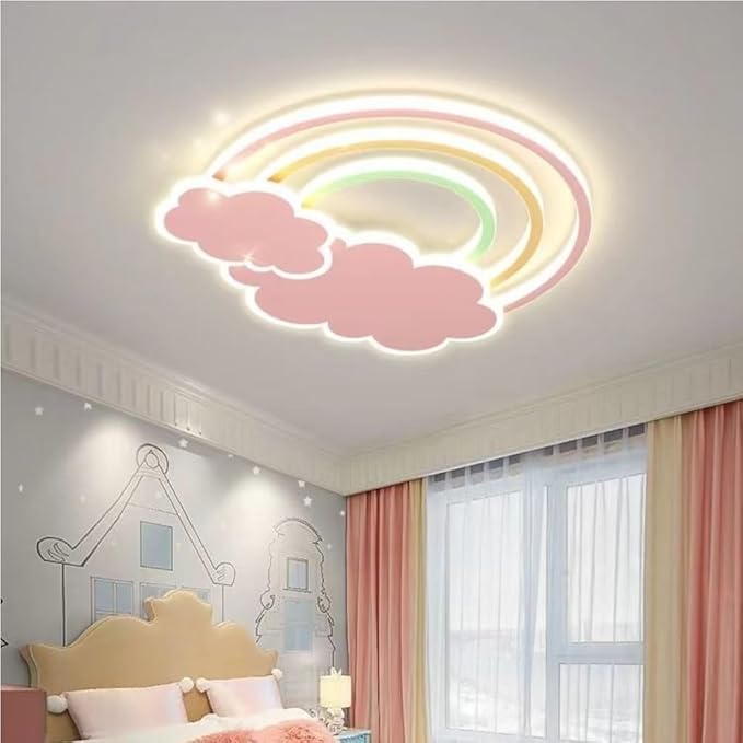 LED Pink Ceiling Light Modern Cartoon Children's Room Dimmable Ceiling Light with Remote Control Nordic Children's Room Blue Cloud Rainbow Night Light for Bedroom Baby Room Boys Girls Room