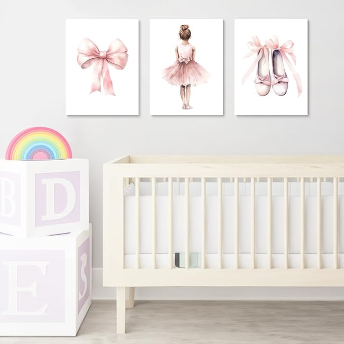 Set of 3 Baby Girl Pink Ballet Nursery Wall Art, Girl's Room Ballet Dancer Posters, Pink Bow Dancing Shoes, Girls Nursery Wall Decor, Toddlers Girl Bedroom Canvas Print, Framed 12"x16"