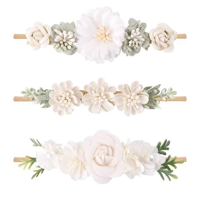 cherrboll 3pcs Baby Girl Flower Headbands, Super Soft & Stretchy Nylon Floral Hairbands for Newborn Toddler