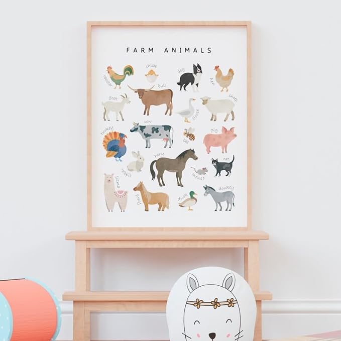 OZCONO Farm Animals Learning Poster, Vibrant Rural Wildlife Chart Kids, Playroom Wall Decor Art, Homeschool Education Guide (Unframed) (11x14)