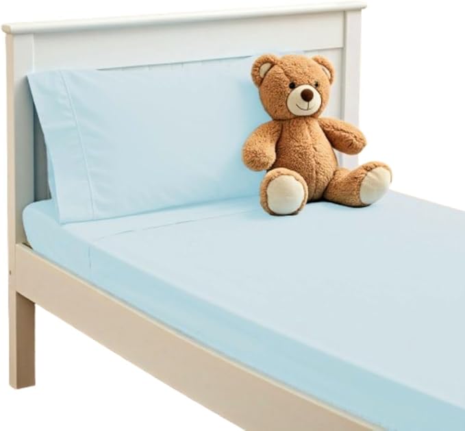 PLAIN PRINTED LINEN 3-Piece Toddler Sheet Set, 100% Cotton Fitted Sheet, Flat Sheet and Envelope Pillowcase, Toddler Bed Set,Crib Sheets Set,Mini Crib Sheets (Light Blue Solid)