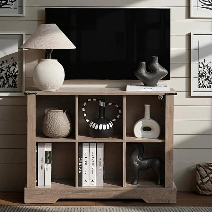 6 Cube Storage Organizer, Wood Cube Bookshelf with LED Lights, Horizontal Storage Cubes, Kids Bookshelf, Display Cabinet Cubby Shelf for Living Room Home Office Bedroom, Grey