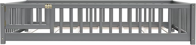 i-POOK Full Floor Bed for Children, Sturdy Wood Montessori Bed Frame with Wood Slats, Fence & Door for Girls and Boys, Gray (with Bed Slats)