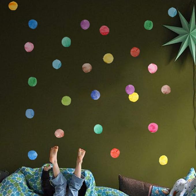 Colorful Polka Dot Wall Decals Watercolor Dots Wall Sticker for Kids Baby Girls Teens and Nursery Room (12 Sheets)