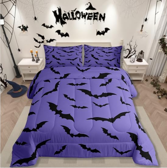 Purple Halloween Bedding Set Spooky Bats Comforter Set Toddler Size,Horror Halloween Decorations Quilt for Kids Boys Girls Adults Gothic Flying Bat Silhouette Duvet Insert,Goth Bedroom Decor