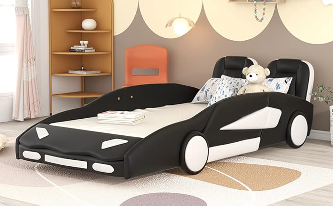 Harper & Bright Designs Twin Size Race Car-Shaped Platform Bed with Wheels, Black