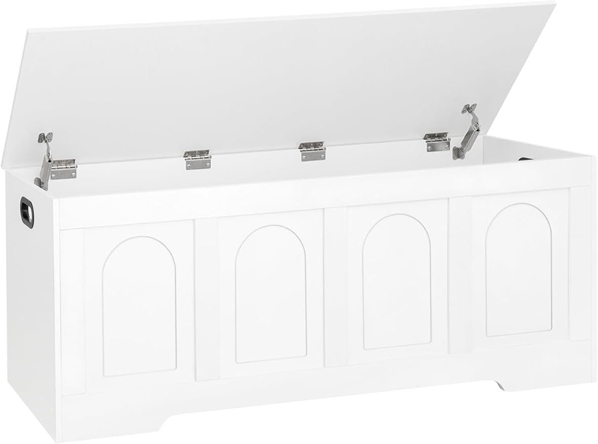 DINZI LVJ Storage Chest, 47.2" Rattan-Like Toy Box with 2 Safety Hinges, Wooden Entryway Storage Bench with Flip-Top, Large Trunk for Living Room, Bedroom, Easy Assembly, White