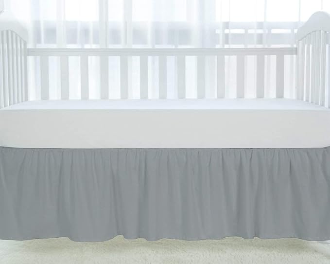 100% Egyptian Cotton, Nursery Crib Toddler (24" x 38" + 10") 800 Thread Count Crib Skirt Dust Ruffle, Bedding Skirts for Baby Boys or Girls, 10" Drop, Silver Solid