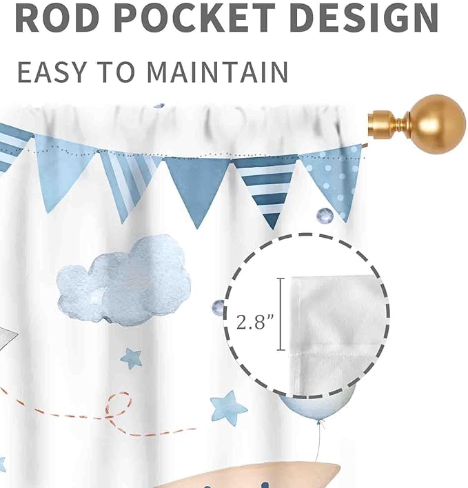 Cartoon Bear Curtains, Kids Boys Girls Cute Lovely Bear Adventure Airplane Cloud Pastel Blue Window Drapery Treatments for Baby Living Room Bedroom Nursey Toddler Classroom 2 Panels, 63"x63" Inch
