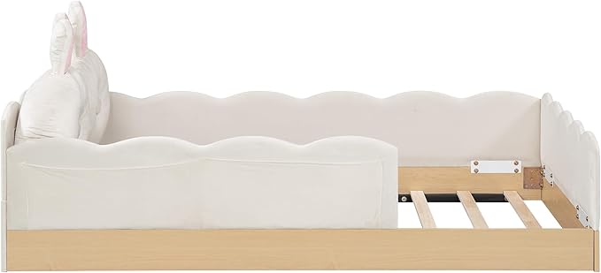 Lovely Twin Size Upholstered Platform Bed with 2 Soft Pillows and Storage Bags, Princess Bed Frame with Cute Rabbit Ear Shaped Headboard and Guardrails for Bedroom, No Box Spring Required (Beige-X52)