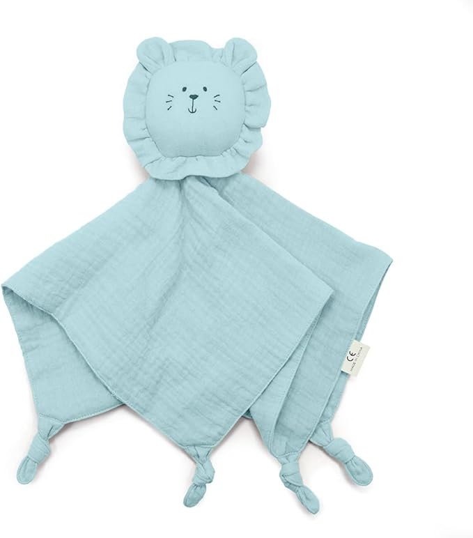 Little Rawr Organic Cotton Muslin Lion Loveys for Babies Baby Security Blanket Baby Snuggle Toy Newborn Essentials Must Haves(Lion-Blue)