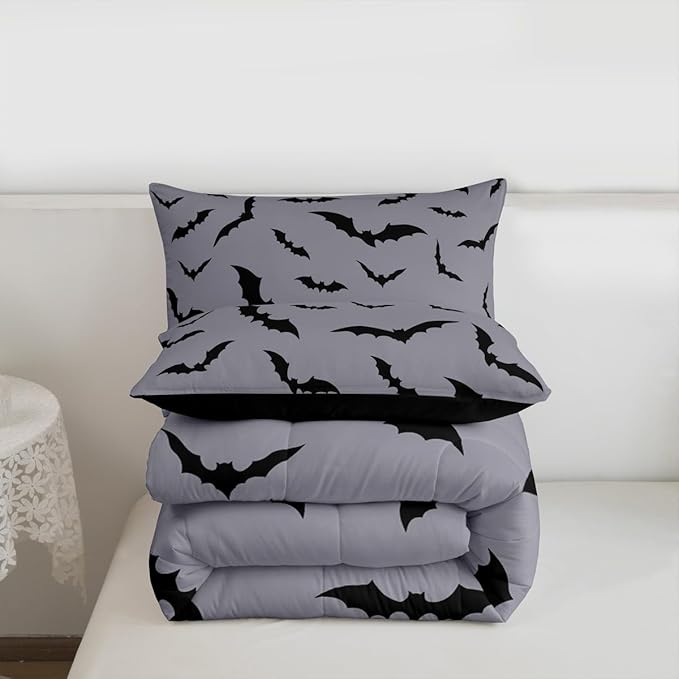Erosebridal Halloween Comforter Set Black Bats Bedding Set King Size,Black Grey Halloween Decor Quilt for Kids Boys Girls Adults Gothic Spooky Bat Down Comforter,Horror Animals Decorations