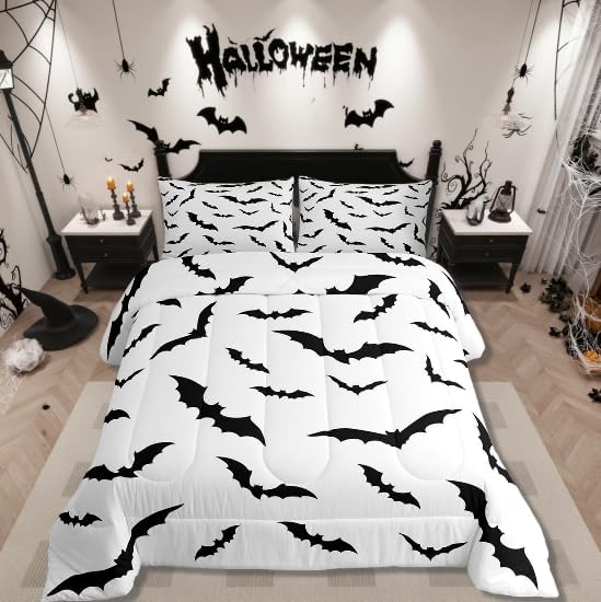 Erosebridal Halloween Bats Bedding Set White Black Spooky Comforter Set Queen,Horror Flying Bats Quilt for Kids Boys Girls Adults Gothic Mysterious Wild Animal Duvet Insert,Spooky Home Decor