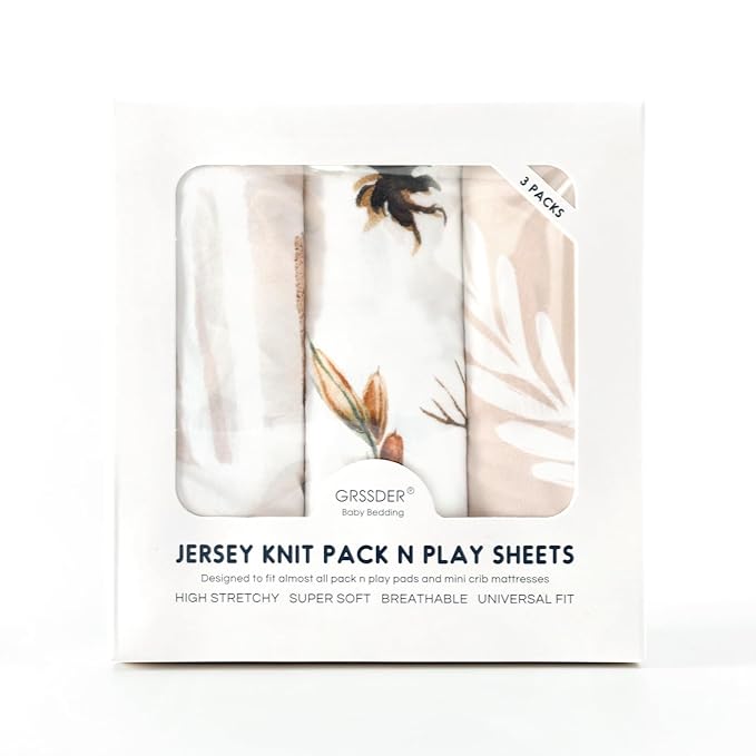 Stretchy Ultra Soft Jersey Knit Fitted Pack and Play Sheets 3 Pack, Portable/Mini Crib Sheets Safe and Snug Fitted for Boys and Girls, Stylish Pretty Flora for Baby, Beige