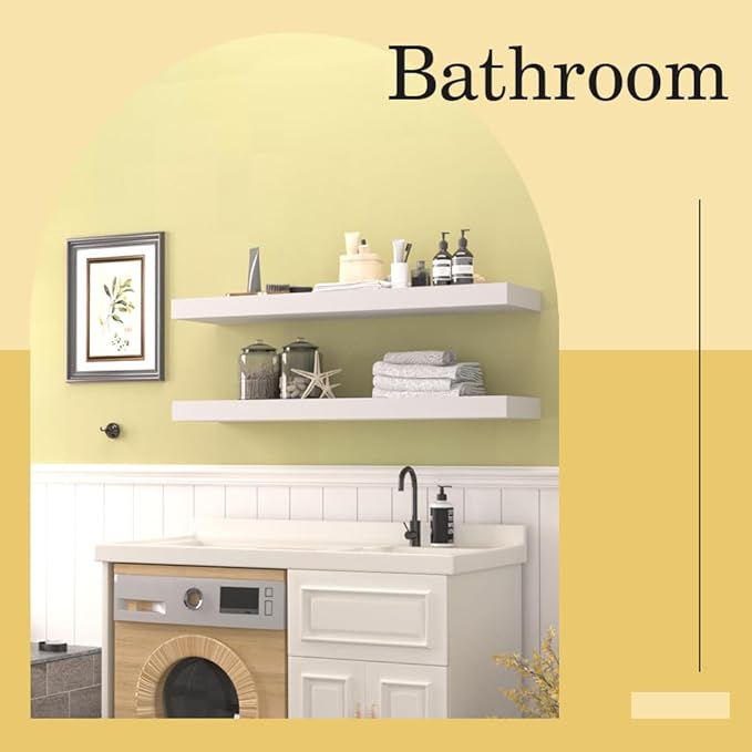 Habudda Floating Shelves, Natural Wood Wall Shelf, White Wooden Rustic Decor for Bathroom Kitchen Bedroom, 23.6 inches Hanging Mounted Invisible Bracket, 2 Set