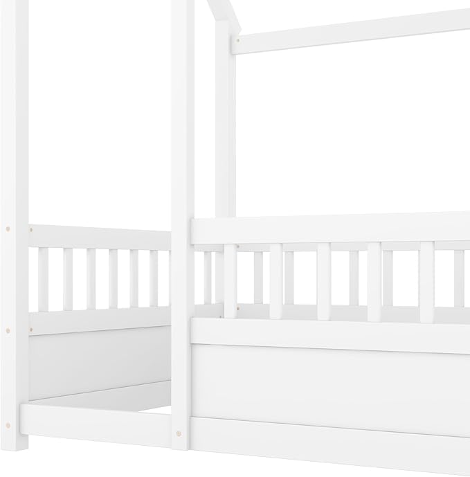 Twin Size House Bed with High Fence for Kids,Twin Floor Bed Frame, Kids Montessori Bed Twin Size,Solid Wood House Bed Frame for Boys,Girls,White
