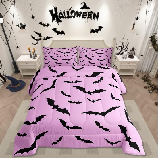 Erosebridal Gothic Bat Comforter Set Halloween Theme Bedding Set Toddler Size,Horror Spooky Animal Quilt for Kids Boys Girls Adults Black Bats Silhouette Down Comforter,Pink Goth Room Decor