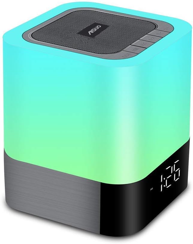 Aisuo Night Light-5 in 1 Bedside Lamp with Bluetooth Speaker, 12/24H Digital Calendar Alarm Clock, Touch Control, Support TF and SD Card, Music Player, Gift for Girls Boys Teens,Warm White
