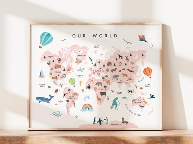 OZCONO World Map Learning Poster, Colorful Animal Chart Kids, Preschool Wall Decor Art, Homeschool Education Guide (Unframed) (27x40)