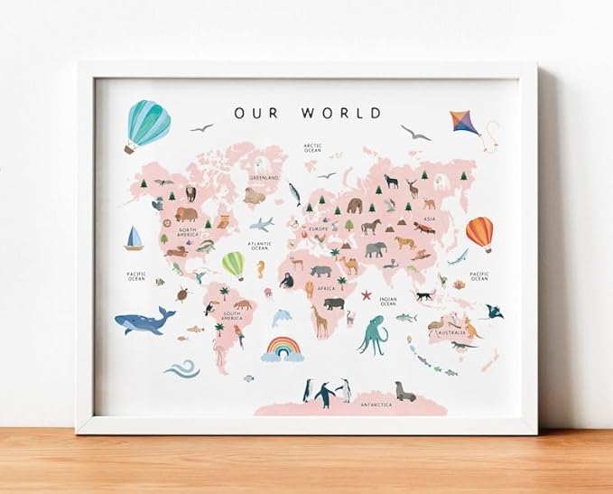 OZCONO World Map Learning Poster, Colorful Animal Chart Kids, Preschool Wall Decor Art, Homeschool Education Guide (Unframed) (27x40)