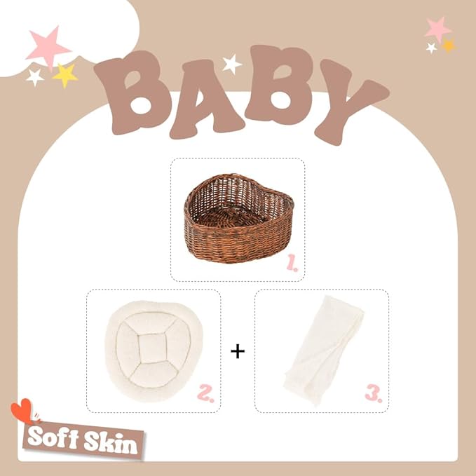 Kate Newborn Photography Props Brown Heart Shaped Rattan Basket Handcrafted Baby Basket Set for Baby Photography Photoshoot with White Pillow and Mat and Stretch Wrap