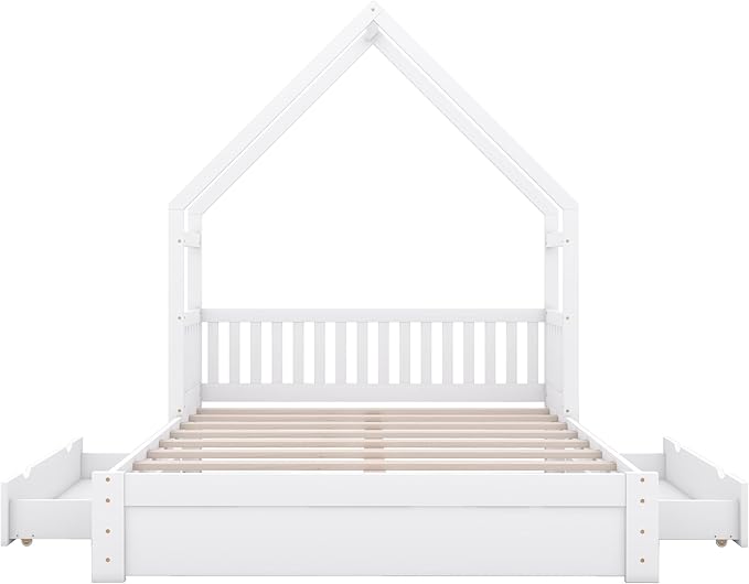 Bellemave Queen Size Wood House Platform Bed with 2 Drawer for Toddlers and Baby, Modern Montessori Platform Bed Frame, No Box Spring Required, Low Floor Bed for Kids' Room or Baby Room (White)