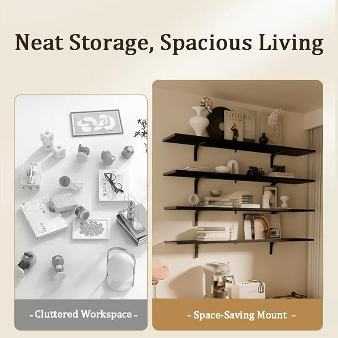12x60 Inch Rustic Wood Floating Shelves 4-Pack - Farmhouse Black Wall Shelves with 100 lbs Capacity, Easy Installation for Living Room, Kitchen, Bathroom