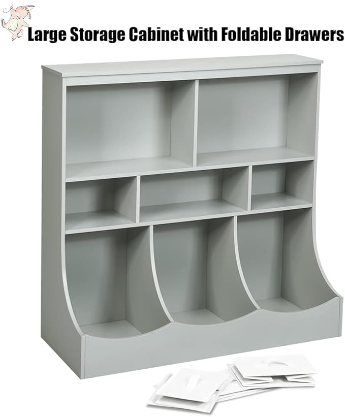 HONEY JOY Kids Toy Storage Organizer with Bookcase, 8-Cubby Organization Storage Cabinet w/Display Shelf & 3 Removable Fabric Bins, Wooden Toy Storage Unit for Playroom, Nursery Daycare(Gray)