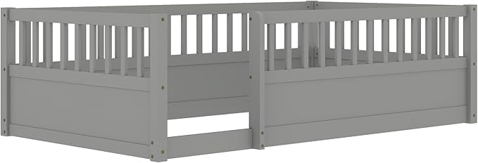 Bellemave Twin Size Floor Bed with high Rails for Kids, Girls, Boys, Wood Montessori Floor Bed Without Door, Gray