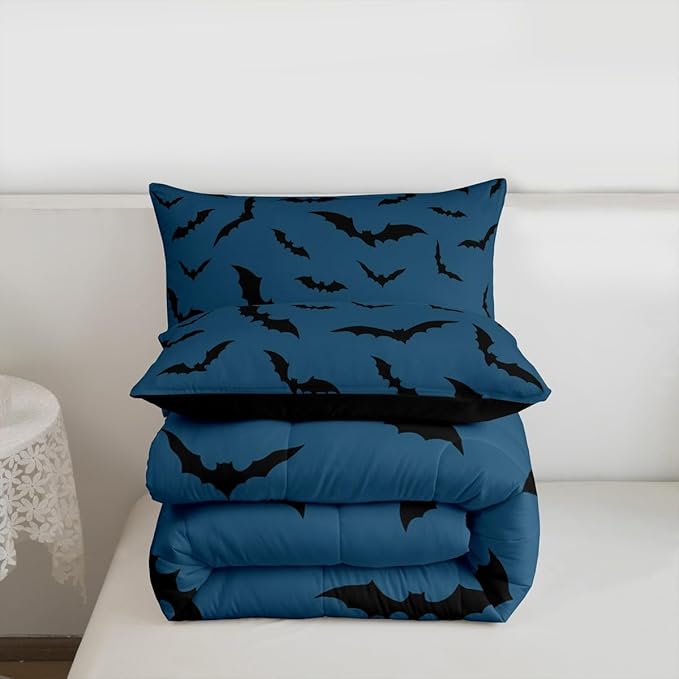 Erosebridal Halloween Bat Comforter Set Gothic Bats Bedding Set Toddler Size,Black Blue Spooky Goth Quilt for Kids Boys Girls Adults Vintage Halloween Decor Down Comforter,Horror Room Decor