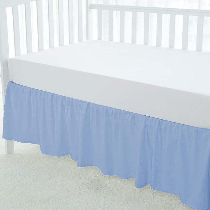 100% Egyptian Cotton, Nursery Crib Toddler (24" x 38" + 10") 800 Thread Count Crib Skirt Dust Ruffle, Bedding Skirts for Baby Boys or Girls, 10" Drop, Light Blue Solid