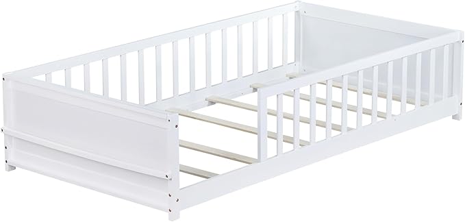 Twin Size Kids Montessori Floor Bed,Twin Floor Bed Frame with Slats and Bookcase,Solid Wood Montessori Bed for Girls Boys,White